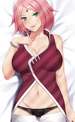 1girls artist_request blush boruto:_naruto_next_generations bracelet breasts dress female female_only green_eyes lying_on_back mature mature_female milf moe_market naruto naruto_(series) open_pants panties pants pelvic_curtain pink_hair sakura_haruno smile solo solo_female