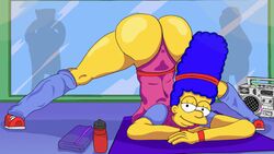 animated beehive_hairdo big_butt blue_hair fitness gif gym gym_clothing jack-o_pose leotard looking_at_viewer marge_simpson milf pink_leotard pink_thong_leotard strandvaskaren the_simpsons thong_leotard yellow_body