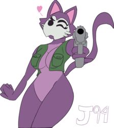 absurd_res anthro anthro_only bare_ass bare_shoulders black_background black_eyes cat_ears cat_tail feline head_tilt heart_cutout hi_res highres holding holding_weapon looking_at_viewer medium_ass medium_breasts multicolored_body pink_ears purple_fur skull_mask skullcat_(sar) super_animal_royale transparent_background vest wink winking winking_at_viewer