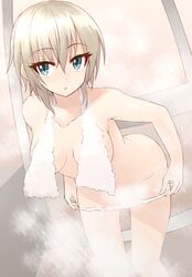 :o aqua_eyes bare_shoulders blush breasts cleavage eyebrows eyebrows_visible_through_hair eyelashes eyelashes_visible_through_hair female female_only hair_between_eyes nude nude_female panties pulling_down_panties short_hair shunichi silver_hair steam steam_censor towel towel_around_neck undressing white_panties