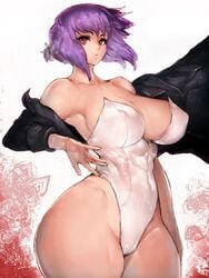 1girls breasts curvy cyborg female female_focus female_only female_protagonist fumio_(rsqkr) ghost_in_the_shell kusanagi_motoko large_breasts leotard light-skinned_female light_skin looking_at_viewer pale-skinned_female pale_skin purple_hair red_eyes short_hair simple_background solo solo_female solo_focus thick_thighs toned toned_female toned_stomach voluptuous white_background wide_hips