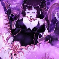 amatou3 corruption dark_persona dungeon_ni_deai_wo_motomeru_no_wa_machigatteiru_darou_ka female hestia_(danmachi) huge_breasts leotard post_transformation purple_skin pussy tentacle tentacle_clothes tentacle_monster transformation