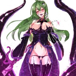 amatou3 corruption dark_persona female huge_breasts nipples personality_change post_transformation red_eyes sanae_kochiya tentacle tentacle_clothes tentacle_monster touhou transformation