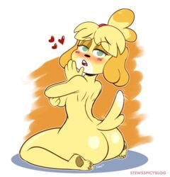 2021 animal_crossing anthro ass blonde_hair blush breasts canid canine canis covering covering_self domestic_dog female fur green_eyes hair heart hi_res isabelle_(animal_crossing) looking_at_viewer looking_back looking_back_at_viewer mammal nintendo nude shih_tzu solo spicystew stewsspicyblog tail_motion tailwag toy_dog video_games yellow_body yellow_fur