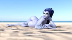 1girls 3d ass blizzard_entertainment blue_hair blue_skin breasts detailed_background female female_only hi_res large_ass legs nude overwatch pose small_breasts solo valyrriansfw wide_hips widowmaker yellow_eyes