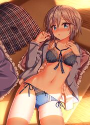 aqua_eyes blue_bra blue_panties blush bow bow_panties bra breasts cleavage couch eyebrows eyebrows_visible_through_hair eyelashes female female_only frilled_pillow laying_on_back laying_on_couch looking_at_viewer nazu-na open_clothes open_mouth panties pillows short_hair side-tie_panties silver_hair skirt skirt_removed sweat sweatdrop