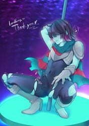 1boy armor blue_body blue_skin bodysuit bulge dancing deltarune erection erection_under_clothes femboy hair_over_eyes heels high_heel_boots kris_(deltarune) male male_only merogupi pole_dancing ripped_clothing scarf solo stripper_pole tight_clothing tight_fit twink