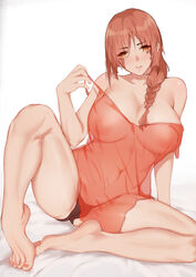 alternate_breast_size alternate_costume bangs bare_legs barefoot black_panties blush braid braided_ponytail breasts brown_hair chainsaw_man closed_mouth commentary_request covered_navel covered_nipples eyebrows_visible_through_hair feet female full_body hair_over_shoulder highres large_breasts lifted_by_self long_hair looking_at_viewer makima_(chainsaw_man) navel nipples no_bra no_pants orange_shirt panties parted_bangs ringed_eyes see-through shirt single_braid sitting spread_legs strap_lift summer_(artist) tiptoes toenail_polish underwear wd_(1106592840) yellow_eyes