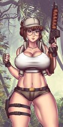 1girls artist_name artist_signature bemannen big_breasts breasts brown_eyes brown_hair erect_nipples erect_nipples_under_clothes eye_contact eyeglasses eyewear female fingerless_gloves fio_germi firearm glasses gloves gun hat high_resolution highres huge_breasts looking_at_viewer matching_hair/eyes matching_hair_and_eye_color matching_hair_and_eyes metal_slug nipples_bulge puffy_nipples round_eyewear round_glasses shorts solo standing thick_thighs thighs tight_shirt weapon white_shirt