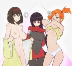 3girls black_hair breasts erika_(pokemon) female female_only femsub gym_leader hypnosis kasumi_(pokemon) large_breasts long_hair multiple_girls navel nintendo nipples open_clothes orange_hair pokemon pokemon_rgby pussy resisting sabrina_(pokemon) short_hair small_breasts thekinkyfinn undressing