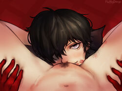 1boy 1girls absurd_res absurdres akira_kurusu atlus between_thighs bite_mark brown_hair cunnilingus faceless_female female female_pov fluffydango gloves hand_on_thigh hi_res highres joker_(persona) kiss_mark licking_pussy light-skinned_female light-skinned_male light_skin lipstick_mark looking_at_viewer male male/female male_focus megami_tensei oral oral_sex persona persona_5 pov pubes pubic_hair pussy pussy_lick ren_amamiya sega straight thigh_grab vagina