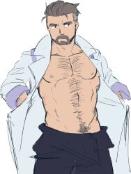 1boy bara hairy male male_only muscles muscular muscular_male open_coat piikeisandaa pokemon pokemon_sv professor_turo