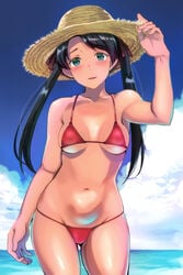 beach bikini black_hair blush female female_only green_eyes hair_ribbon kantai_collection kyogoku_shin long_hair looking_at_viewer mikuma_(kantai_collection) outside red_bikini small_breasts solo sun_hat swimsuit tan_skin twintails underboob wide_hips