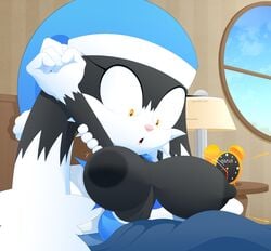 1girls anthro bed big_breasts breasts bursting_breasts furry genderswap_(mtf) huge_breasts klonoa klonoa_(series) large_breasts rule_63 slickehedge solo solo_female solo_focus stretching surprise surprised wardrobe_malfunction