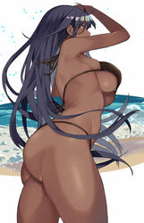 1girls 2021 arm_up armpits ass bare_shoulders bikini black_bikini black_hair breasts dark-skinned_female dark_skin female female female_focus female_only from_side hai_ookami halterneck highres large_breasts long_hair ocean original sand shore sideboob solo solo_female solo_focus string_bikini swimsuit thighs underboob water