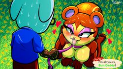 animal_crossing anthro big_breasts bodily_fluids breasts collar drooling eyewear female glasses hi_res kneeling leash male male/female mammal nintendo nude outside pecan_(animal_crossing) petplay protagon rodent roleplay saliva sciurid sweat video_games