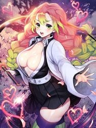 bangs big_breasts blush braided_hair cleavage demon_slayer detailed_background female female_only green_eyes haori kanroji_mitsuri kimetsu_no_yaiba kyundoo long_hair looking_at_viewer mole_under_eye no_bra open_mouth open_shirt petals pink_hair pleated_skirt revealing_clothes shiny_skin solo sword thick_thighs thighhighs two_tone_hair unbuttoned_shirt uniform zettai_ryouiki