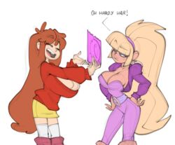 2021 2girls aged_up alternate_breast_size annoyed bangs belt big_hair bigdad blonde_hair blue_eyes blunt_bangs boots breasts brown_hair bustier cleavage closed_eyes condom cropped_jacket darnact dialogue disney disney_channel edit english_text female female_focus female_only fur-trimmed_boots gravity_falls hands_on_hips high_heel_boots high_heels large_breasts laughing light-skinned_female long_hair mabel_pines miniskirt multiple_girls open_mouth pacifica_northwest pants presenting skirt smooth_skin tan-skinned_female text thighhighs transparent_background very_long_hair