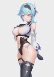 1girls 2021 absurdres asymmetrical_hair bangs belt black_legwear blue_gloves blue_hair blush breasts cleavage clenched_hand closed_mouth detached_sleeves dori_(9720xyz) embarrassed eula_(genshin_impact) female female_focus female_only from_side genshin_impact gloves hair_ornament hairband hand_on_own_chest hi_res highres human large_breasts leotard light_blue_hair medium_hair navel revealing_clothes simple_background solo solo_female thick_thighs thigh_strap thighhighs thighs white_background wide_hips yellow_eyes