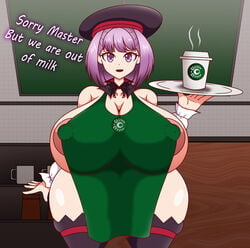 1girls aged_up alternate_breast_size apron apron_only ass big_ass big_nipples big_thighs black_cap black_hat black_thigh_highs black_thighhighs breasts cap coffee_cup coffee_mug collar curvaceous curvy curvy_female curvy_figure detailed_background english_text erect_nipples fate/grand_order fate_(series) female green_background hat helena_blavatsky_(fate) helena_blavatsky_(swimsuit_archer) holding_object hyper_breasts hyper_hips hyper_thighs iced_latte_with_breast_milk in_public large_breasts looking_at_viewer meme nipples_visible_through_clothing open_mouth partially_clothed_female pawg pink_nipples platter pov public purple_eyes purple_hair purple_text s1-14 short_hair shortstack starbucks store talking_to_viewer thick_thighs thighhighs thighs venus_body voluptuous white_text