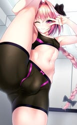 1boy aka_syakkou astolfo_(fate) astolfo_(saber)_(fate) balls braided_hair bulge eye_contact fate/grand_order fate_(series) femboy girly gym_clothes leg_hold leg_up long_hair looking_at_viewer male male_only peace_sign penis_bulge penis_under_clothes pink_eyes pink_hair shorts solo solo_male spandex_shorts sports_bra sweat thighs toned trap v