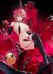 1girls apple areola_slip areolae azur_lane black_gloves black_legwear black_slime breasts choker cirilla_lin crossed_legs demon_girl demon_horns demon_tail duca_degli_abruzzi_(azur_lane) elbow_gloves eyelashes female food foot_out_of_frame fruit fur-trimmed_sleeves fur_trim gloves halo highres holding holding_food holding_fruit holding_staff horns large_breasts looking_at_viewer manjuu_(azur_lane) navel pink_hair pubic_tattoo red_hair red_nails revealing_clothes sitting solo staff succubus succubus_tattoo tail tattoo thighhighs tongue tongue_out