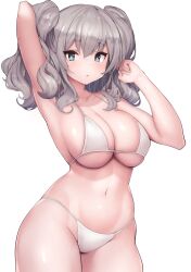 1girls arm_up armpits bare_shoulders bikini blue_eyes blush breasts cleavage collarbone female grey_hair hair_between_eyes highres kantai_collection kashima_(kantai_collection) large_breasts long_hair looking_at_viewer navel siesta_(artist) simple_background skindentation solo string_bikini swimsuit twintails wavy_hair white_background white_bikini