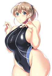 bangs big_breasts blue_eyes blush chubby_female female female_only highleg_swimsuit intrepid_(kantai_collection) kantai_collection kyogoku_shin light_brown_hair looking_at_viewer necklace one-piece_swimsuit plump ponytail sideboob solo swimsuit wide_hips