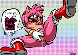 accessory amy_rose anthro big_breasts blush bodily_fluids boots breasts clothing dialogue dotted_background english_text eulipotyphlan female footwear genital_fluids genitals gloves green_eyes hair hair_accessory hairband handwear hedgehog hi_res inviting_to_sex looking_at_viewer mammal nude pattern_background pink_body pink_hair presenting presenting_pussy protagon pussy pussy_juice sega simple_background solo sonic_(series) sonic_the_hedgehog_(series) speech_bubble spread_legs spread_pussy spreading text