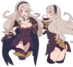 1girls :o alternate_costume armor ascot ass back back_view bangs bare_thighs black_armor black_cape black_gloves black_headband black_legwear black_leotard black_panties blush breasts cape cleavage corrin_(female)_(nohr_noble)_(fire_emblem) corrin_(fire_emblem) corrin_(fire_emblem)_(female) do_m_kaeru female fire_emblem fire_emblem_fates fire_emblem_heroes gauntlets gloves grey_hair hair_between_eyes headband inner_thighs large_breasts leotard long_hair looking_at_viewer looking_back manakete multiple_views nintendo official_alternate_costume open_mouth panties pointy_ears red_eyes simple_background smile thighhighs thighs tongue underwear very_long_hair wavy_hair white_background white_neckwear