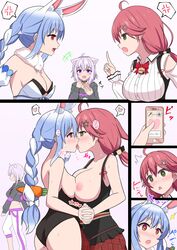 arakage hair_ornament half_naked hololive hololive_fantasy hololive_gamers hololive_gen_0 hololive_japan hypnosis kissing mind_control nekomata_okayu nipples rabbit sakura_miko shrine_maiden tagme twintails usada_pekora virtual_youtuber yuri