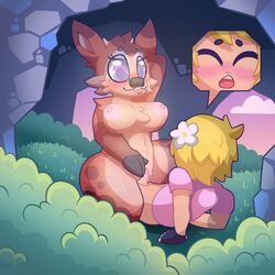 1boy 1girls big_breasts blonde_hair brown_fur doe doe_(here_comes_niko!) here_comes_niko! jwecchi_(artist) nature niko_(here_comes_niko!) penis pink_sweater purple_eyes riding sex sunset thick_thighs vagina vaginal_penetration