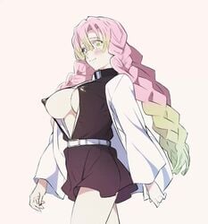 animated bangs big_breasts blush bouncing_breasts braided_hair demon_slayer erect_nipples erection_under_clothes female female_only haori kanroji_mitsuri kimetsu_no_yaiba long_hair mp4 niko_(tama) nipple_bulge no_bra no_sound open_shirt pale-skinned_female pink_hair skirt smile solo two_tone_hair video walk_cycle walking