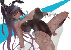 1girls 2021 alternate_version_available animal_ears areola areola_slip bangs bare_shoulders black_hair black_leotard blue_archive blush breasts cleavage dark-skinned_female dark_skin detached_collar fake_animal_ears female female_focus female_only fishnet_legwear fishnets furau gloves highleg highleg_leotard karin_(blue_archive) karin_(bunny)_(blue_archive) large_breasts leotard long_hair looking_at_viewer millennium_science_school_student ponytail rabbit_ears sidelocks solo solo_female solo_focus squatting thighs white_gloves yellow_eyes