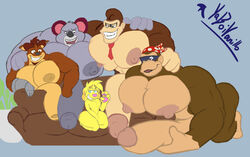 2020 2020s activision anthro ape bandana bandicoot bara bent_over big_muscles big_nipples big_pecs big_penis blue_background canid canine canis crash_(series) crossover crunch_bandicoot domestic_dog donkey_kong donkey_kong_(series) erection eyebrows eyewear foreskin funky_kong fur furniture furry furry_only gay genitals group hair haplorhine huge_cock huge_muscles humanoid_genitalia humanoid_penis hyper hyper_genitalia hyper_penis kerchief kneeling koala koala_kong looking_at_another male male/male male_only mammal marsupial meme muscular muscular_anthro muscular_male necktie nintendo nipples nude on_sofa open_mouth open_smile pec_squish pecs penis piper_perri_surrounded primate puffy_nipples signature simple_background size_difference smile sofa squish standing sunglasses teeth tongue tuft vanicarus video_games vombatiform yaboivanillo yaoi