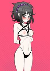 1girls black_eyes black_hair blush breasts danganronpa danganronpa_another fanganronpa goth hair_ornament kurokawa_mikako light_bondage nipples ponytail raydeluxxxe small_breasts straight_hair underwear