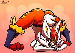 anthro ass ass_up breasts buckteeth cinderace female fur jack-o_pose nintendo pokémon_(species) pokemon pokemon_ss pose protagon solo teeth video_games white_body white_fur