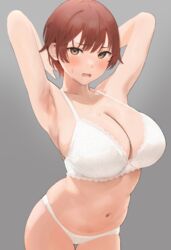 1girls armpits arms_up blush bra breasts brown_eyes cleavage collarbone commentary_request cowboy_shot eyebrows_visible_through_hair female female_focus grey_background highres lace-trimmed_bra lace_trim large_breasts lingerie looking_at_viewer mole mole_on_breast mole_under_mouth navel nekoshoko open_mouth original red_hair short_hair simple_background skindentation solo stomach sweat thigh_gap tomboy underwear underwear_only v-shaped_eyebrows very_short_hair white_bra