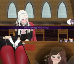 1boy 3girls ? bernadetta_von_varley blush brk55555 brown_hair byleth_(fire_emblem) byleth_(fire_emblem)_(male) cafeteria cape caught crotch_focus dorothea_arnault edelgard_von_hresvelg embarrassed english_text fellatio female fingering fingering_self fingering_through_clothes fire_emblem fire_emblem:_three_houses gameplay_mechanics garreg_mach_monastery_uniform gloves green_eyes hat heavy_breathing long_hair looking_at_viewer masturbation multiple_girls nintendo open_mouth oral pantyhose pov public public_sex purple_eyes pussy_juice pussy_juice_stain solo_focus stealth_masturbation stealth_sex sweat text unaware under_the_table wet_pussy white_hair x-ray