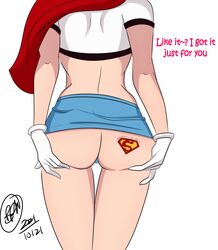 1girls ass ass_grab blonde_hair blue_eyes bunbunmuffinart dc dc_comics dcau english_text female female_only implied_incest kara_danvers kara_zor-el microskirt offscreen_character pov property property_of supergirl superman:_the_animated_series superman_(series) tattoo text