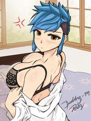 big_breasts big_eyes black_bra blue_hair blush cute dabby-m-arts female female_focus female_only huge_breasts looking_at_viewer payday_(series) payday_2 pov pov_eye_contact shy sydney_(payday_2) tagme taking_clothes_off white_shirt yellow_eyes