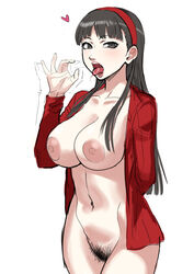 1girls akisora akizora amagi_yukiko areolae atlus big_breasts black_eyes black_hair blowjob_gesture breasts breasts_out collarbone eyebrows eyebrows_visible_through_hair eyelashes fellatio_gesture female female_focus female_only full_frontal_nudity hairband hairy_pussy hand_gesture heart long_black_hair long_hair movement_lines naked navel nipples nude nude_female open_shirt persona persona_4 pubic_hair pussy_hair red_clothing standing tongue tongue_out