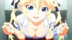 1girls blonde_hair breasts grisaia_no_kajitsu matsushima_michiru official_art squeezing_breast