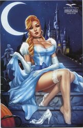 1girls big_breasts black_collar blue_dress blue_panties breasts busty castle choker cinderella cinderella_(fairy_tales) cinderella_(zenescope) cleavage collar comic_cover dress elias_chatzoudis eyeshadow female female_only glass_slipper gloves half-closed_eyes heels high_resolution large_breasts makeup mascara moon official_art panties pinup princess_dress red_lips red_lipstick sitting slipper slippers solo stairs statue stockings text thighhighs zenescope