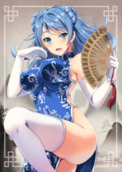 alternate_costume big_breasts blue_eyes blue_hair blush chinese_clothes chinese_text fan female female_only gloves hair_buns hand_fan kantai_collection kyogoku_shin leg_up long_gloves looking_at_viewer nipple_bulge side_slit solo thighhighs tight_clothing urakaze_(kantai_collection) white_gloves white_legwear white_thighhighs