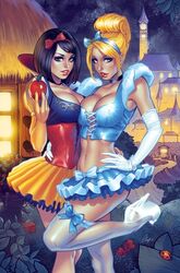 2girls big_breasts black_collar black_hair bob_cut breasts busty castle choker cinderella cinderella_(fairy_tales) cinderella_(zenescope) cleavage collar crossover elias_chatzoudis eyeshadow fairy_tales female female_only glass_slipper grimms'_fairy_tales half-closed_eyes heels high_resolution large_breasts makeup mascara moon official_art panties pinup red_lips red_lipstick skirt slipper slippers snow_white_(fairy_tales) snow_white_(grimm) snow_white_(zenescope) snow_white_and_the_seven_dwarfs_(zenescope) stockings text thighhighs tutu zenescope