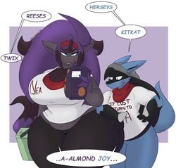 1boy 1girls anthro big_breasts dart(dewwydartz) dewwydarts dewwydartz dialogue female furry game_freak hourglass_figure huge_breasts lucario male nea(dewwydartz) nintendo pokemon pokemon_(species) slightly_chubby speech_bubble tagme text thick_thighs zoroark