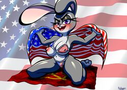 4th_of_july american_flag american_flag_bikini anthro bikini blush breasts disney erect_nipples female flag fur grey_body grey_fur hi_res judy_hopps lagomorph large_breasts leporid mammal nipples one_breast_out protagon rabbit solo swimsuit swimwear zootopia