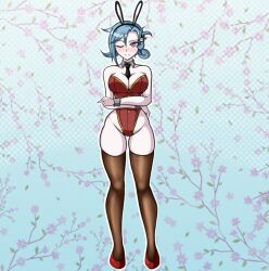 1girls blue_hair blush bunny_ears bunnysuit chiebukuro_setsuka danganronpa danganronpa_another earrings edit fanganronpa female hair_ornament one_eye_closed purple_eyes raydeluxxxe sdra2 smooth_skin stockings super_danganronpa_another_2 thick_thighs tie