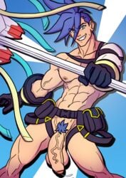 balls big_balls big_penis blue_hair flaccid foreskin galo_thymos male male_only muscular muscular_male penis pompadorkz promare schizoid solo solo_male uncircumcised